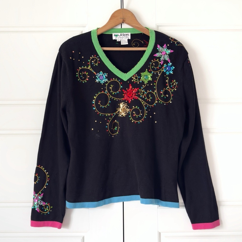 VTG Jack B Quick Artsy Sweater XL Floral Embroidered Beaded Sequin 90s Eclectic